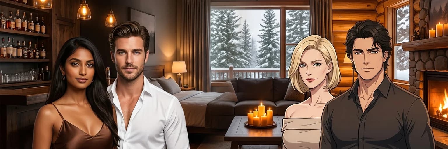Rollenspielfiguren in einer Bar, einem Schlafzimmer und einer eingeschneiten Hütte, halb fotorealistisch und halb Anime