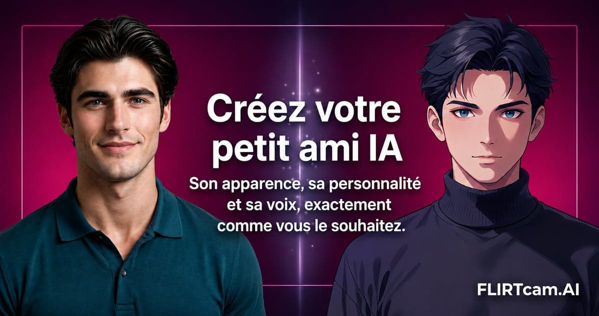 Créez votre propre petit ami IA sur FLIRTcam.AI - personnalisez son apparence, sa personnalité et sa voix